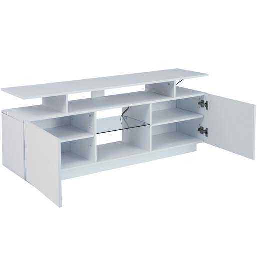 Móvel de TV 140 cm - 16 cores LED, portas brilhantes com compartimentos de vidro - Branco Móvel de TV 140 cm - 16 cores LED, portas brilhantes com compartimentos de vidro - Branco