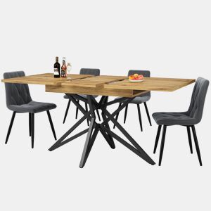 Conjunto de sala de jantar 120160×68 cm - Mesa extensível com 4 cadeiras de veludo cinza escuro - Nogueira
