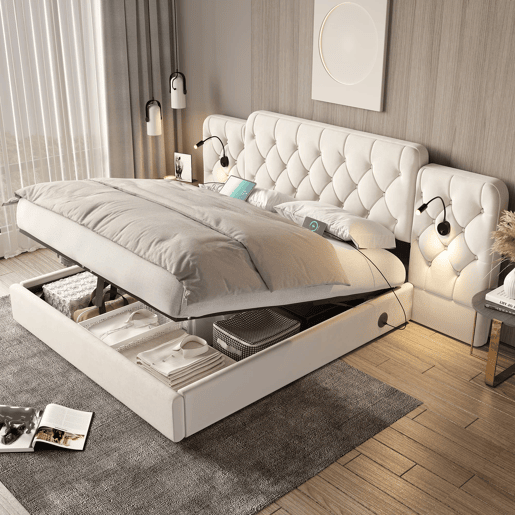 Cama estofada 180x200 cm - Cabeceira longa, várias portas USB, candeeiro de secretária, sistema hidráulico, grande capacidade de arrumação - Bege