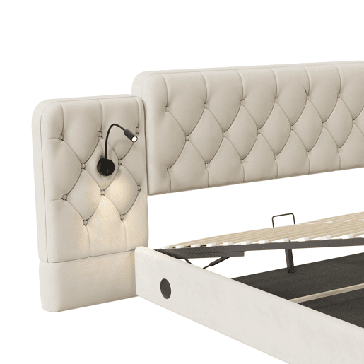 Cama estofada 180x200 cm - Cabeceira longa, várias portas USB, candeeiro de secretária, sistema hidráulico, grande capacidade de arrumação - Bege