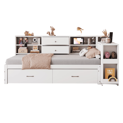 Sofá-cama de madeira 90x200 cm - arrumação multifuncional, prateleiras, 2 gavetas, mesa extensível - branco
