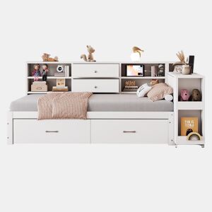 Sofá-cama de madeira 90x200 cm - arrumação multifuncional, prateleiras, 2 gavetas, mesa extensível - branco