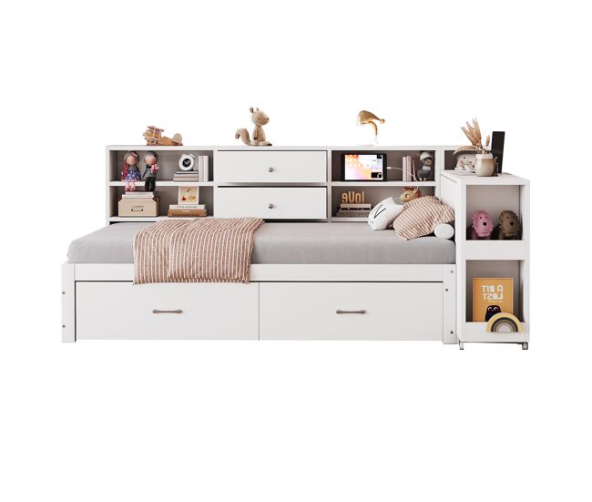 Sofá cama de madera 90x200 cm - almacenamiento multifuncional, estantes, 2 cajones, mesa extensible - blanco