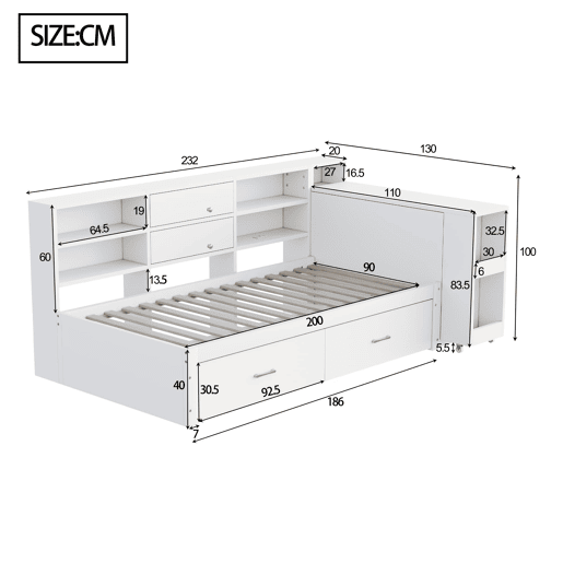 Sofá-cama de madeira 90x200 cm - arrumação multifuncional, prateleiras, 2 gavetas, mesa extensível - branco