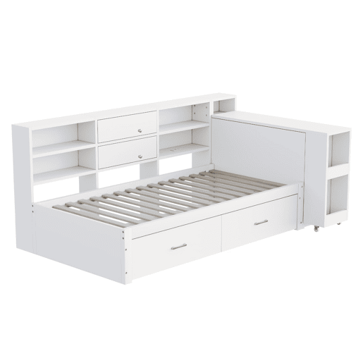 Sofá-cama de madeira 90x200 cm - arrumação multifuncional, prateleiras, 2 gavetas, mesa extensível - branco