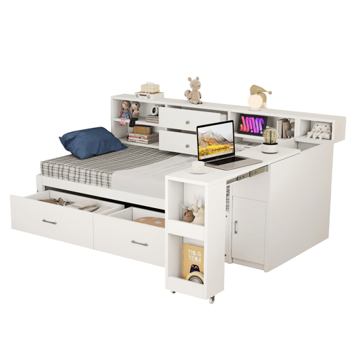 Sofá-cama de madeira 90x200 cm - arrumação multifuncional, prateleiras, 2 gavetas, mesa extensível - branco