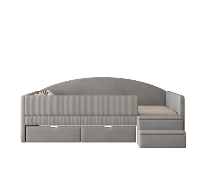 Cama multifuncional 90x190 cm - con dos cajones, barreras, escalones, tela suave - gris claro