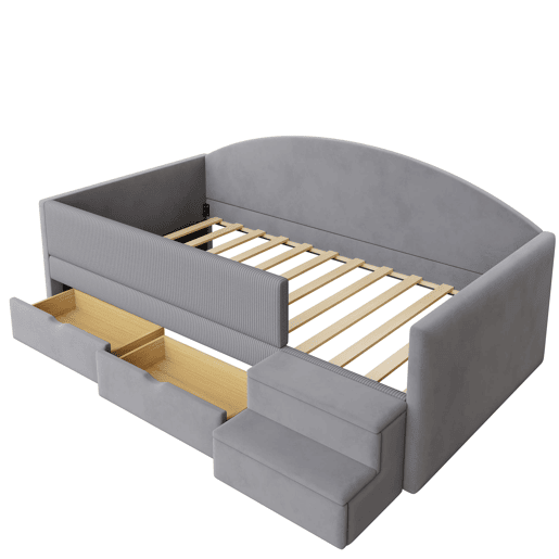 Cama multifuncional 90x190 cm - Com duas gavetas, barreiras, degraus, tecido macio - Cinza claro