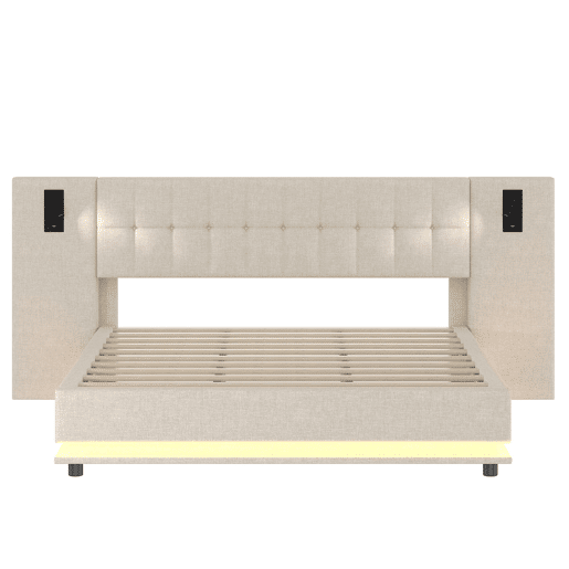 Cama estofada 180x200 cm - Com faixa LED, cabeceira com spot, USB - Bege Cama estofada 180x200 cm - Com faixa LED, cabeceira com spot, USB - Bege
