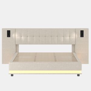 Cama estofada 180x200 cm - Com faixa LED, cabeceira com spot, USB - Bege