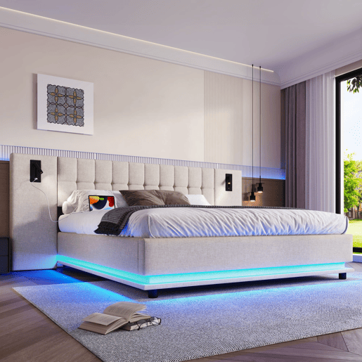 Cama estofada 180x200 cm - Com faixa LED, cabeceira com spot, USB - Bege Cama estofada 180x200 cm - Com faixa LED, cabeceira com spot, USB - Bege