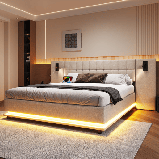 Cama estofada 180x200 cm - Com faixa LED, cabeceira com spot, USB - Bege Cama estofada 180x200 cm - Com faixa LED, cabeceira com spot, USB - Bege