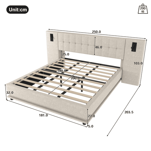 Cama estofada 180x200 cm - Com faixa LED, cabeceira com spot, USB - Bege Cama estofada 180x200 cm - Com faixa LED, cabeceira com spot, USB - Bege