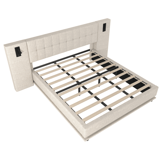 Cama estofada 180x200 cm - Com faixa LED, cabeceira com spot, USB - Bege Cama estofada 180x200 cm - Com faixa LED, cabeceira com spot, USB - Bege