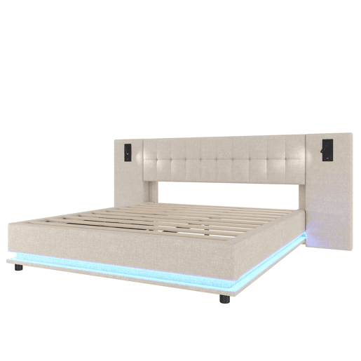 Cama estofada 180x200 cm - Com faixa LED, cabeceira com spot, USB - Bege Cama estofada 180x200 cm - Com faixa LED, cabeceira com spot, USB - Bege