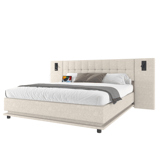 Cama estofada 180x200 cm - Com faixa LED, cabeceira com spot, USB - Bege Cama estofada 180x200 cm - Com faixa LED, cabeceira com spot, USB - Bege