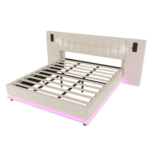 Cama estofada 180x200 cm - Com faixa LED, cabeceira com spot, USB - Bege Cama estofada 180x200 cm - Com faixa LED, cabeceira com spot, USB - Bege