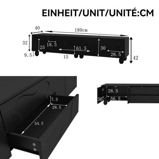 Móvel de TV 180 cm - Minimalista, elegante com pés de madeira - Preto