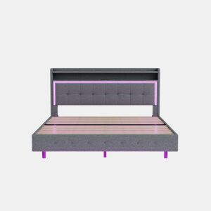 Cama estofada 160x200 cm - Com USB e luz LED, cabeceira reversível, design oculto, tecido de linho cinzento