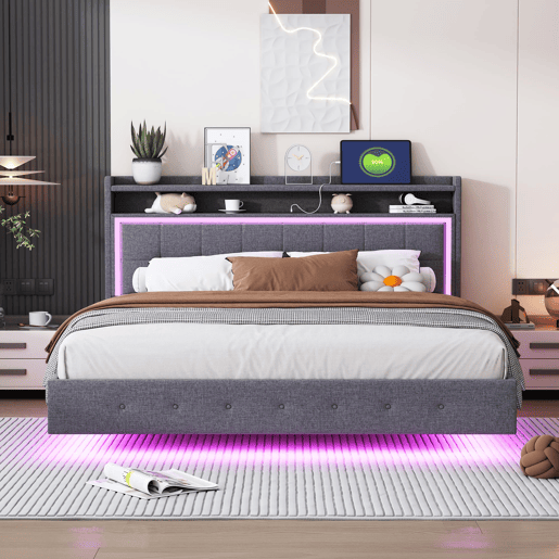 Cama estofada 160x200 cm - Com USB e luz LED, cabeceira reversível, design oculto, tecido de linho cinzento