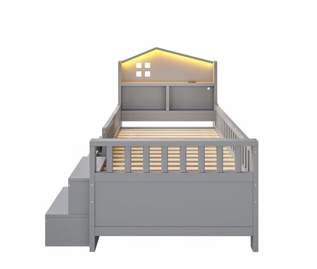 Cama infantil 90x200 cm - con barandilla de seguridad, 4 cajones, escalones, luces led, puertos usb y tipo-c, con somier, madera maciza, gris