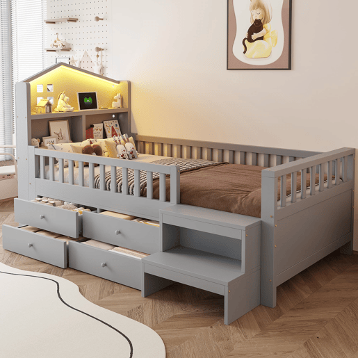 Cama infantil 90x200 cm - Com grade de segurança, 4 gavetas, degraus, luzes LED, portas USB e Tipo-C, com estrado, madeira maciça, cinza