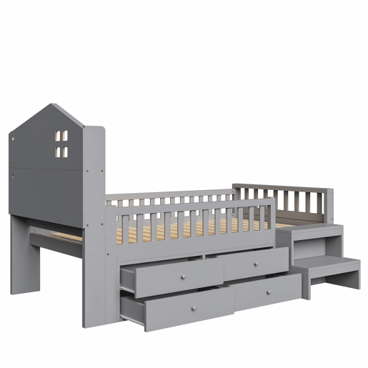 Cama infantil 90x200 cm - Com grade de segurança, 4 gavetas, degraus, luzes LED, portas USB e Tipo-C, com estrado, madeira maciça, cinza