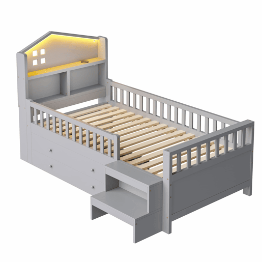 Cama infantil 90x200 cm - Com grade de segurança, 4 gavetas, degraus, luzes LED, portas USB e Tipo-C, com estrado, madeira maciça, cinza
