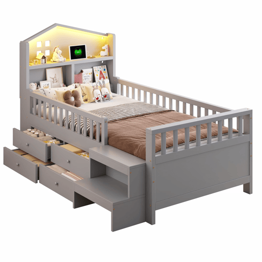 Cama infantil 90x200 cm - Com grade de segurança, 4 gavetas, degraus, luzes LED, portas USB e Tipo-C, com estrado, madeira maciça, cinza