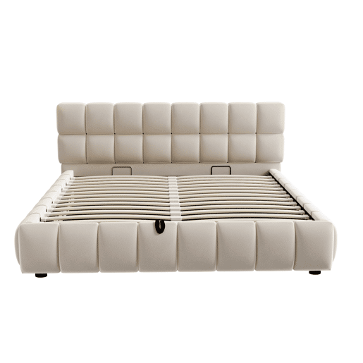 Cama estofada 140x190 cm - Cabeceira e laterais volumosas, função de armazenamento hidráulico, sem colchão - Bege