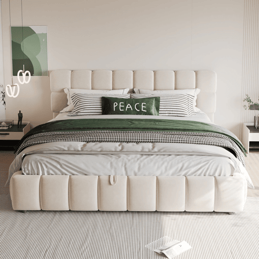 Cama estofada 140x190 cm - Cabeceira e laterais volumosas, função de armazenamento hidráulico, sem colchão - Bege