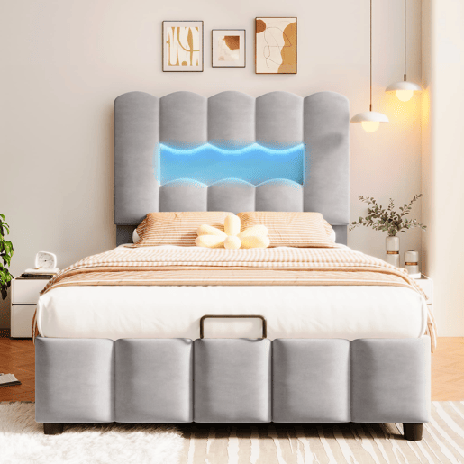 Cama estofada 90x200 cm - LED, hidráulica, cabeceira ajustável, sem colchão - Cinza