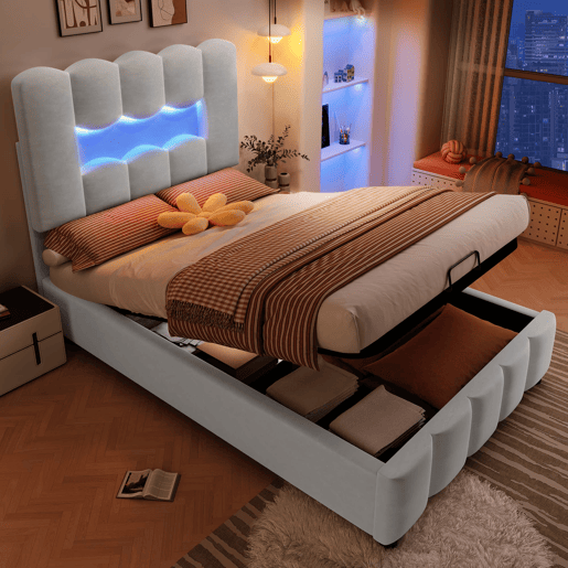 Cama estofada 90x200 cm - LED, hidráulica, cabeceira ajustável, sem colchão - Cinza