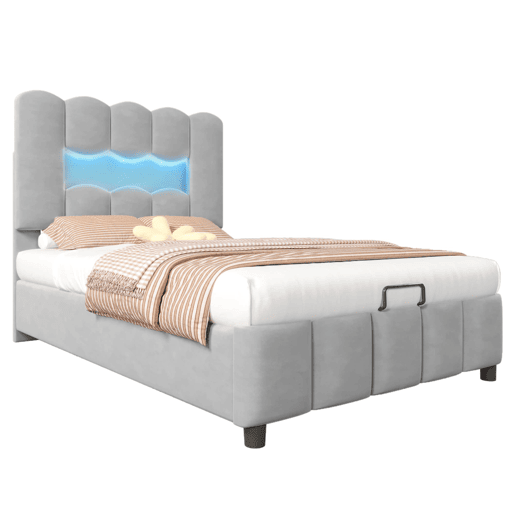 Cama estofada 90x200 cm - LED, hidráulica, cabeceira ajustável, sem colchão - Cinza