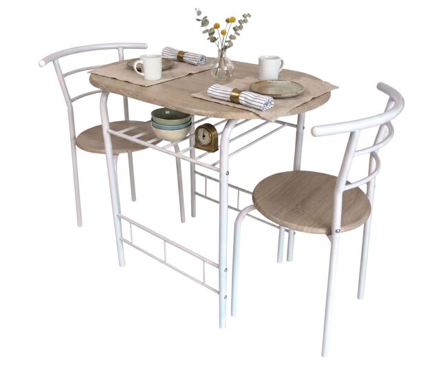 Juego de mesa y 2 sillas cocina butterfly fija, mesa fija, melamina color blanco y roble sonoma
