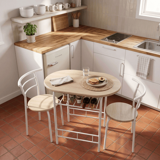 Conjunto de mesa de cozinha Butterfly com 2 cadeiras, mesa fixa, melamina branca e carvalho Sonoma