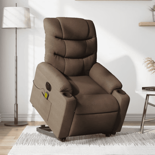 Poltrona elétrica elevatória massagens - Poltrona relax tecido castanho Poltrona elétrica elevatória massagens - Poltrona relax tecido castanho