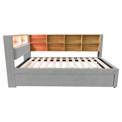 Sofá-cama 90200 - Cama extensível 90190, com luzes LED, tomadas, arrumação, flanela, cinzento claro