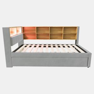 Sofá-cama 90200 - Cama extensível 90190, com luzes LED, tomadas, arrumação, flanela, cinzento claro