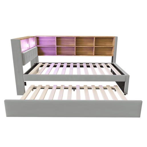 Sofá-cama 90200 - Cama extensível 90190, com luzes LED, tomadas, arrumação, flanela, cinzento claro
