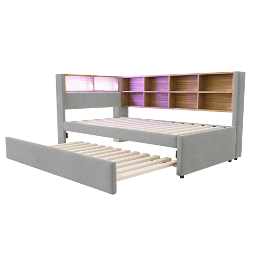 Sofá-cama 90200 - Cama extensível 90190, com luzes LED, tomadas, arrumação, flanela, cinzento claro