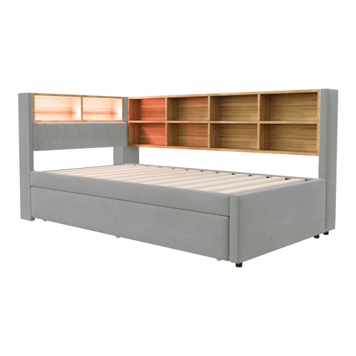Sofá-cama 90200 - Cama extensível 90190, com luzes LED, tomadas, arrumação, flanela, cinzento claro