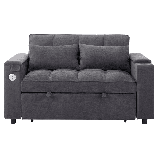 Sofá-cama 140,5 x 74 x 82 cm - 3 em 1, com encosto ajustável, USB, mesa oculta, porta-copos - Cinza