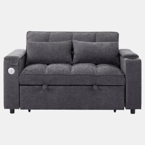 Sofá-cama 140,5 x 74 x 82 cm - 3 em 1, com encosto ajustável, USB, mesa oculta, porta-copos - Cinza