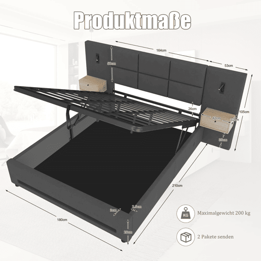 Cama estofada 180x200 cm - Cabeceira em veludo, gavetas de arrumação, luz LED, portas USB-C, estrutura metálica - Cinza escuro Cama estofada 180x200 cm - Cabeceira em veludo, gavetas de arrumação, luz LED, portas USB-C, estrutura metálica - Cinza escuro