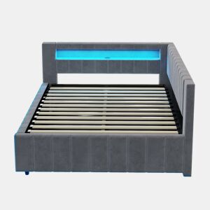 Sofá-cama 140x200 - Com armazenamento hidráulico, luz LED, porta USB, encosto, cabeceira, estrutura estável - Cinza