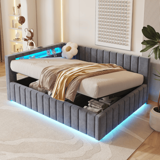 Sofá-cama 140x200 - Com armazenamento hidráulico, luz LED, porta USB, encosto, cabeceira, estrutura estável - Cinza Sofá-cama 140x200 - Com armazenamento hidráulico, luz LED, porta USB, encosto, cabeceira, estrutura estável - Cinza