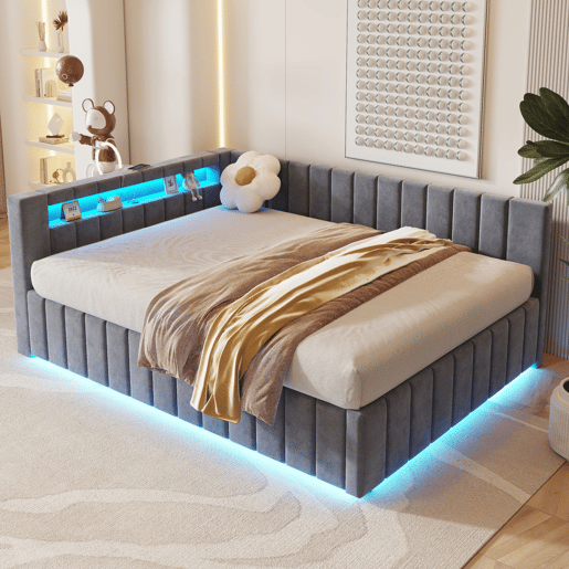 Sofá-cama 140x200 - Com armazenamento hidráulico, luz LED, porta USB, encosto, cabeceira, estrutura estável - Cinza Sofá-cama 140x200 - Com armazenamento hidráulico, luz LED, porta USB, encosto, cabeceira, estrutura estável - Cinza