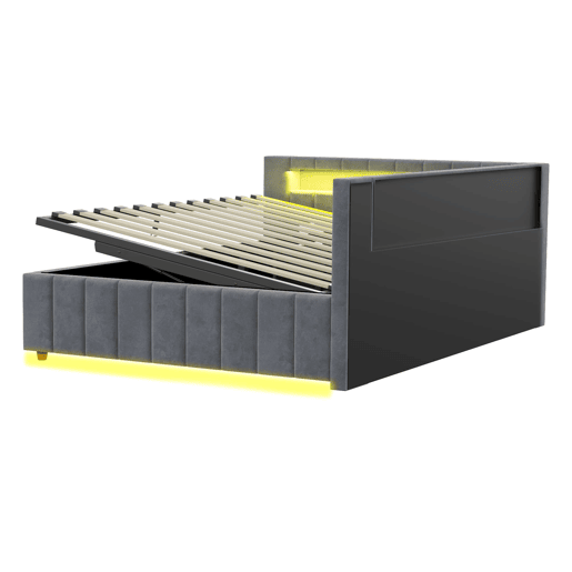Sofá-cama 140x200 - Com armazenamento hidráulico, luz LED, porta USB, encosto, cabeceira, estrutura estável - Cinza Sofá-cama 140x200 - Com armazenamento hidráulico, luz LED, porta USB, encosto, cabeceira, estrutura estável - Cinza