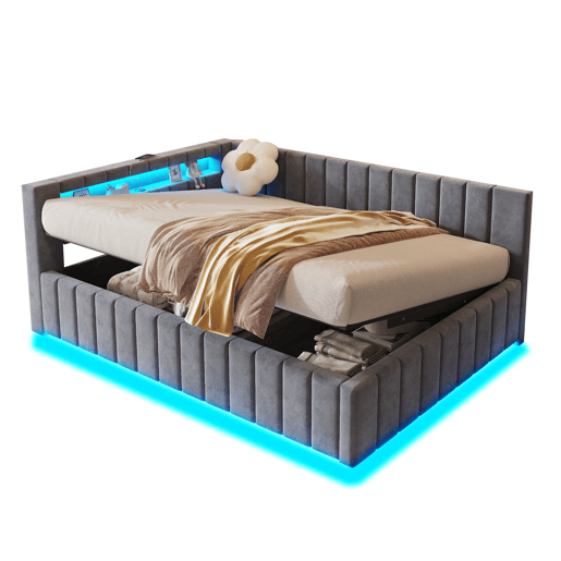 Sofá-cama 140x200 - Com armazenamento hidráulico, luz LED, porta USB, encosto, cabeceira, estrutura estável - Cinza Sofá-cama 140x200 - Com armazenamento hidráulico, luz LED, porta USB, encosto, cabeceira, estrutura estável - Cinza